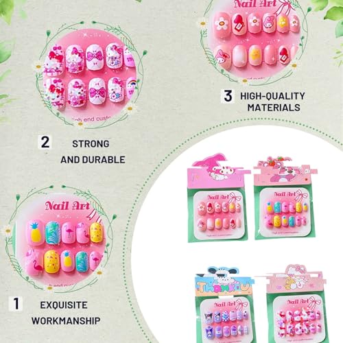 Image of 4 Boxes Nail Art Kit for Girls 6-12, Fake Nails with Cartoon Designs, Press on Nails Kit for DIY Manicure, Safe Artificial Nails Set for Fashion