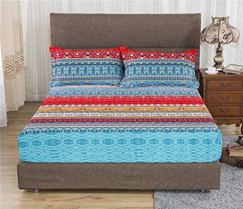 Couturebridal Boho Sheet Set Queen Size 4 Piece Soft Brushed Microfiber Red Blue Bohemian Striped Pattern Bed Sheets Set With 16 Inches Deep Pocket Fitted Sheet,1 Vintage Flat Sheet And 2 Pillowcases #TOP6