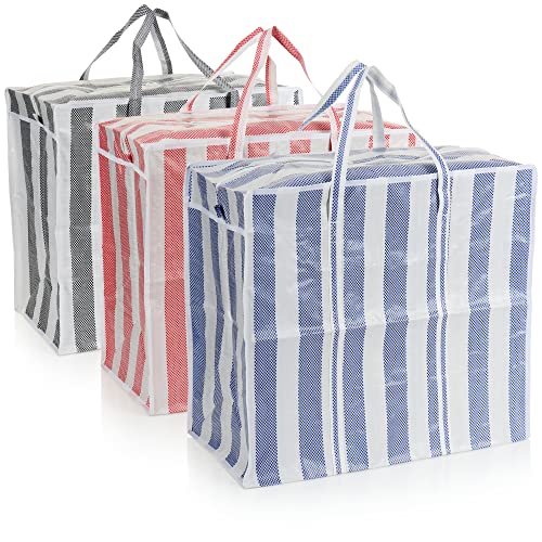 COM-FOUR® 3x shopping bag Jumbo - bolsas de plástico a rayas - bolsas de la compra XL - bolsas de playa para utensilios de baño - bolsa de la compra para ir de compras (rojo/azul/antracita)