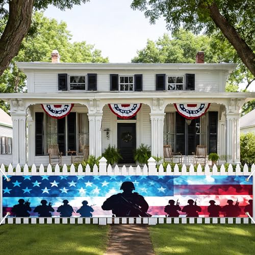 Image of BlissYard Patriotic Banner 118 x 20 inch Veterans Day American Independence Day Decorations Patriotic Banner for Outside American Flag Banner Memorial Day Veterans Day Outdoor Decorations for Yard Fence Porch