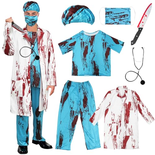 Halloween Kostüm Arzt Herren, 7 Stück Halloween Arzt Kostüm, Horror Arzts Kostüm, Zombie Arztkostüm Herren mit Arztkittel, Doktorhut, Arztmaske, Oberteil, Hose, Stethoskop für Karneval Themen Party