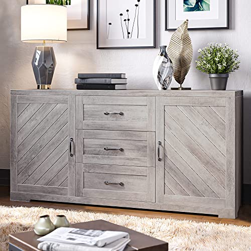 BELLEZE 60" Sideboard Buffet Cabinet, Console Table with Three Drawers & Two Storage Cabinet for Dining Room, Kitchen, and Living Room- Hilo (Gray Was