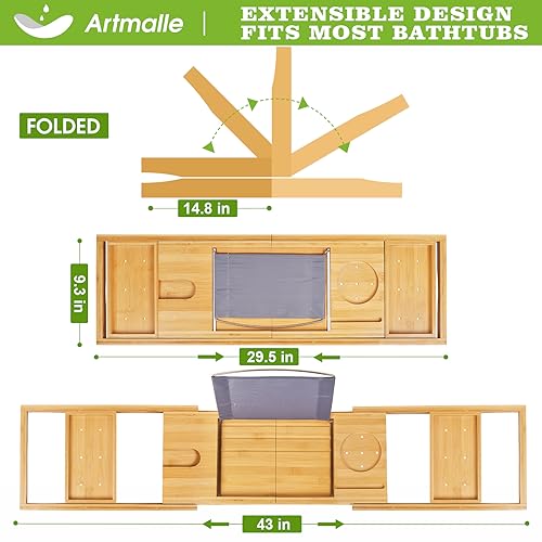 image for Artmalle Bathtub Caddy Tray for Tub,Foldable Bamboo Bath Table Tray wi