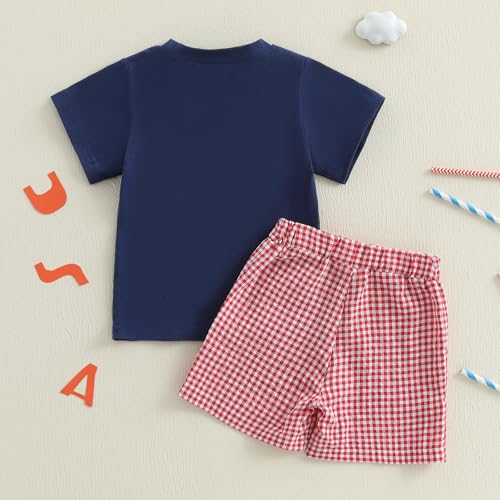 Image of 4th Of July Toddler Boy Outfit Popsicle American Flag T-Shirt and Gingham Plaid Shorts Set Independence Day Clothes