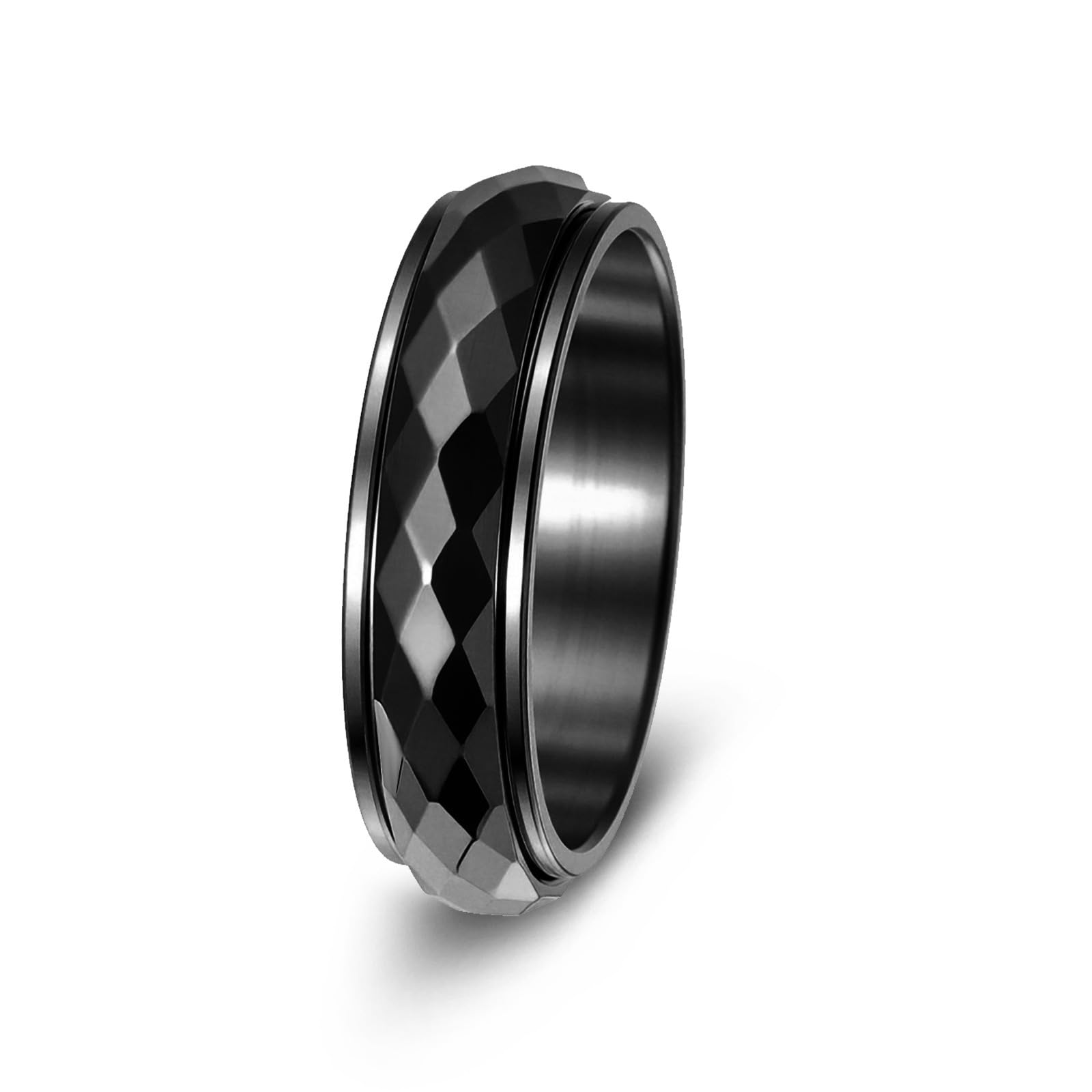 VHJdtE Rings, Faceted Diamond-Cut Titanium Steel Rotatable Ring Shiny Geometric-Cut Relief Spinning Jewellery(Black,Y)