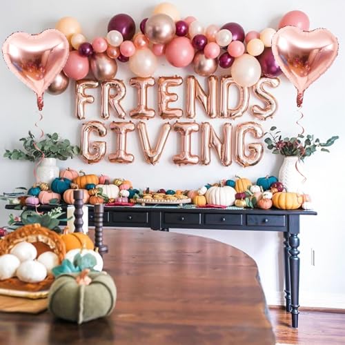 Image of Friendsgiving Balloons Friends Giving Party Decorations 16 Inches Tall Rose Gold Heart Friendsgiving Foil Mylar Balloon Letter Banner for Fall Theme Thanksgiving Friends Party Backdrop Supplies