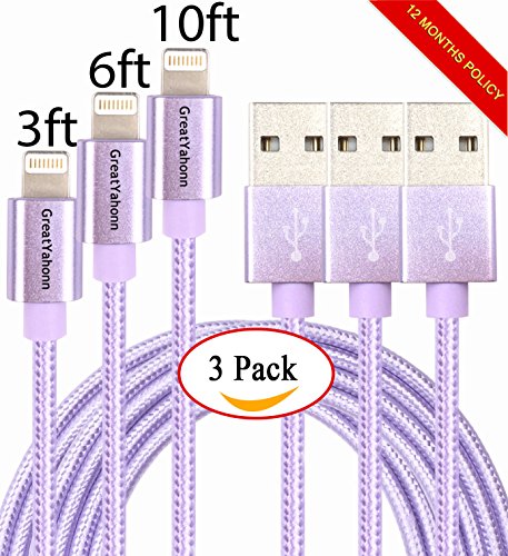 GreatYakonn 3 Pack 3ft 6ft 10ft Nylon Braided Popular Lightning Cable 8Pin to USB Charging Cable Cord with Aluminum Heads for iPhone 6/6s/6 Plus/6s Plus/5/5c/5s/SE,iPad iPod Nano iPod Touch(Purple)
