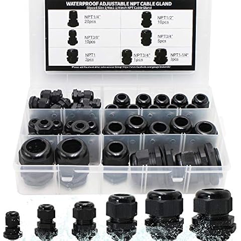 MAKERELE Cord Grip Cable Glands Kit for Electrical Box NPT Waterproof Nylon Strain Relief 1/4” 3/8” 1/2” 3/4” 1” 1-1/4” 50pcs Junction case Connector Black With Gaskets Cover