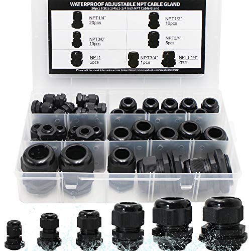 MAKERELE Cord Grip Cable Glands Kit for Electrical Box NPT Waterproof Nylon Strain Relief 1/4” 3/8” 1/2” 3/4” 1” 1-1/4” 50pcs Junction case Connector Black With Gaskets by MAKERELE - Used condition - US$21.99