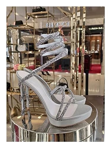 Snakehead Style Rhinestone High Heel Sandals with Round Toe Platform and Exposed Toe Straps, Summer Sizes 5-9(Silver,6)3