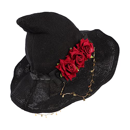 Black Witch Hat Halloween Party Costume Women Girls Big Bow Rose Headband Wicked Wizard Hat Large Brim Witch Cosplay Sun Hat4