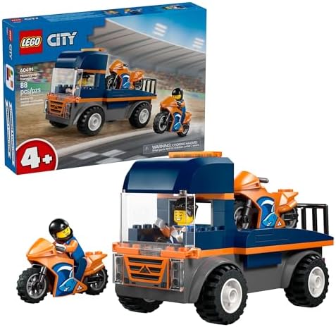 LEGO City Motorcycle Transporter Building Toy for Boys & Girls - Pretend Play Set for Preschool Kids, Ages 4+ - Flatbed Truck Toy W/2 Toy Motorcycles & 2 Minifigures - Gift Idea for Birthdays - 60491