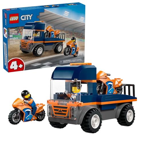 LEGO City Motorcycle Transporter Building Toy for Boys & Girls - Pretend Play Set for Preschool Kids, Ages 4+ - Flatbed Truck Toy W/2 Toy Motorcycles & 2 Minifigures - Gift Idea for Birthdays - 60491