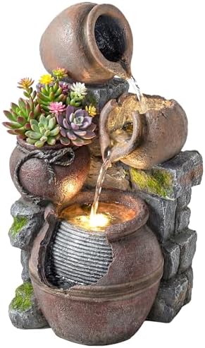 Outsunny Outdoor Fountain with 4-Tier Rustic Pot Design, Cascading Rock Waterfall with LED Lights and Adjustable Flow, Freestanding Resin Waterfall Feature for Patio Garden