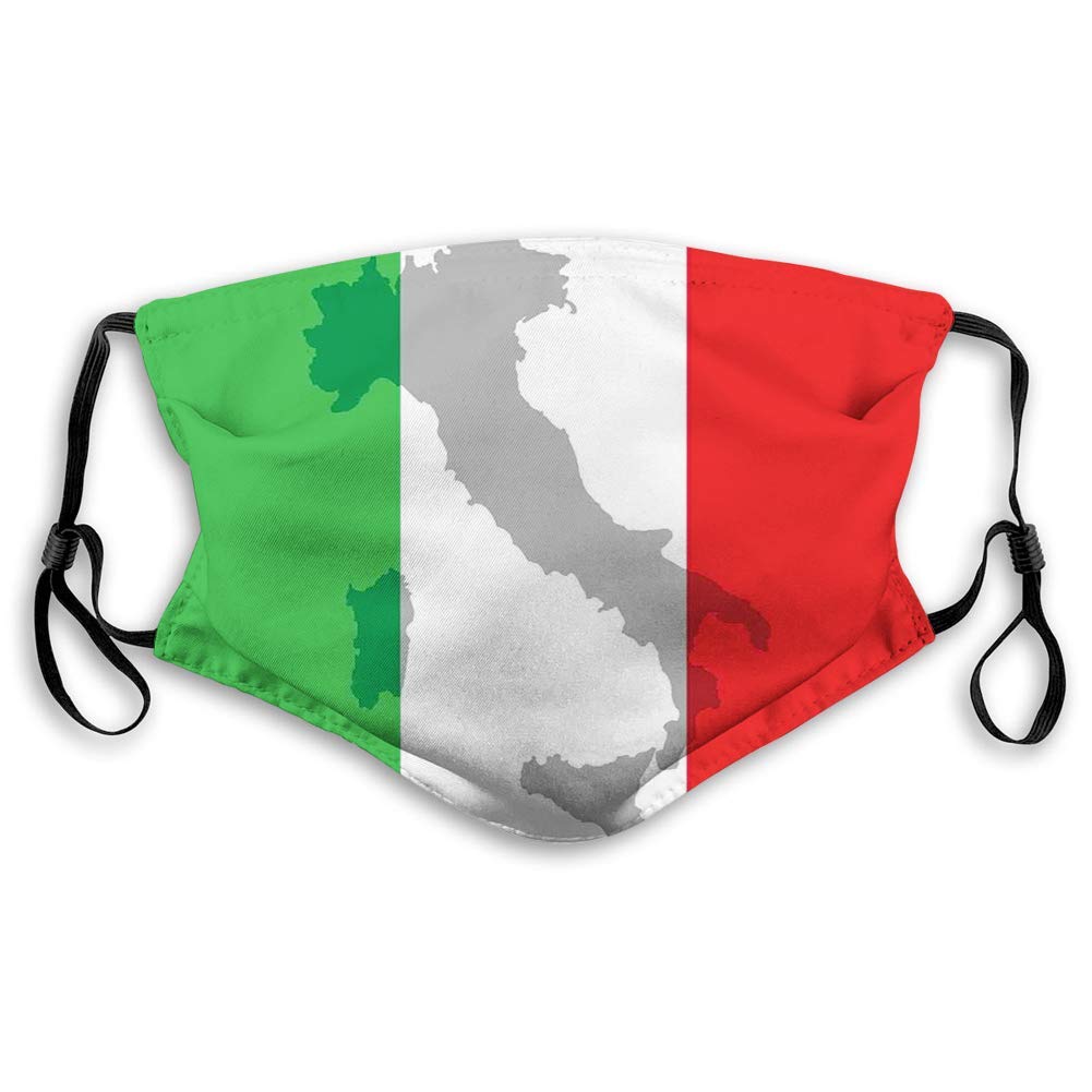 AOTISO Comfortable Printed mask, Italian Flag, Map View of Italy Land Chart National Country Europe Culture, Grey Red Fern Green