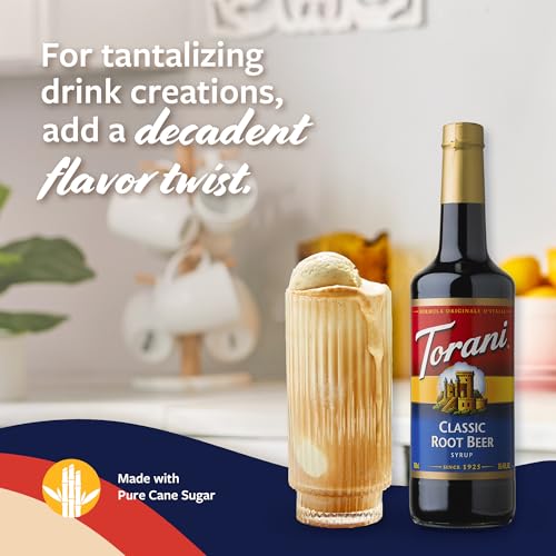 Image of Torani Classic Root Beer Syrup for Drinks, Flavoring for Soda, Floats, and Shakes, Glass Bottle with Pump Included, 25.4 Fl Oz