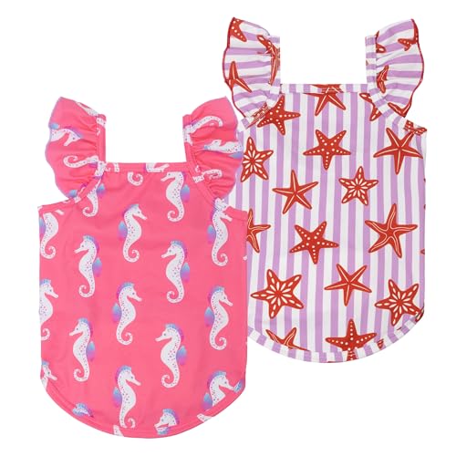 Fitwarm 2 Pack Seahorse & Starfish Ruffle Dog Shirt, Tropical Summer Clothes for Small Dogs Girl, Hawaiian Pet Tee, Pink, Purple, XL