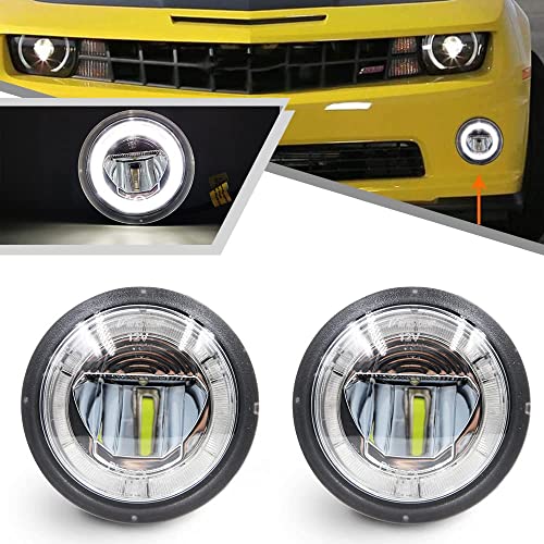 2Pcs White Halo LED Fog Lights Daytime Running Light DRL Driving Light for Chevrolet Chevy Camaro 2010 2011 2012 2013 Clear Lens LED Round Fog Lamp