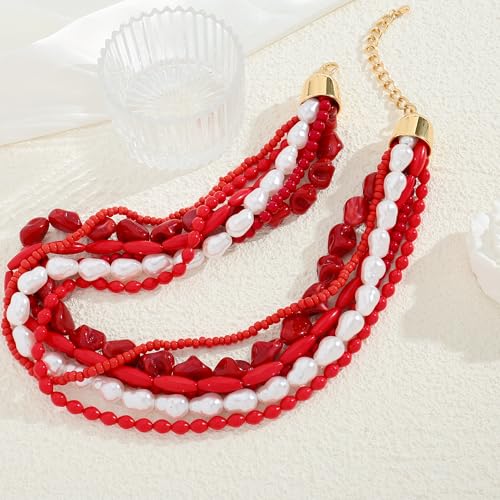 WOWORAMA Layered Choker Collar Necklace for Women Red Coral Beads Multi-Layer Statement Necklace Adjustable Chunky Layered Acrylic Choker Necklaces Trendy Jewelry