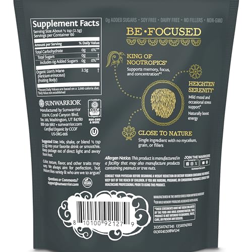 Sunwarrior Lions Mane Supplement Organic Mushroom Powder | Lion's Mane Powder Focus Supplement Mushroom Tea | 150g Pouch 60 Servings | Be Well - Image 3
