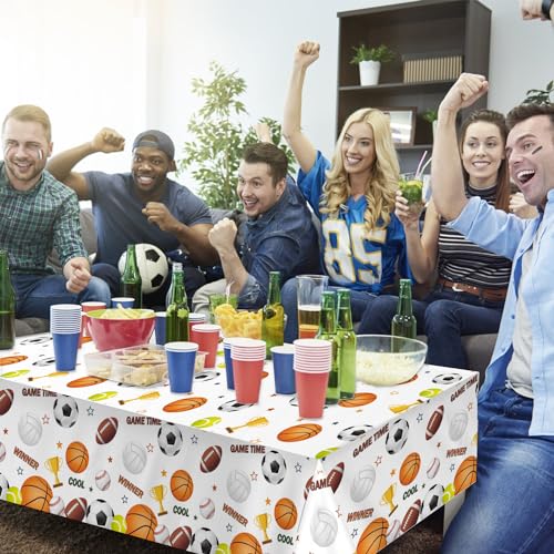 Image of LINHAXM 4 Pack Sports Tablecloths, 54 x 108 Inch, Multicolor, Rectangular, Plastic, Sports Party, Spill Resistant, Wipe Clean