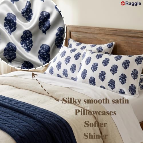 Image of RAGGLE Set of 4 Satin Silk Pillowcase for Hair and Skin Standard Size 18 inchX 28 inch with Soft Breathable Smooth Cooling Pillow Covers for Sleeping or Pillow Protector (4, Navy Blue Printed)