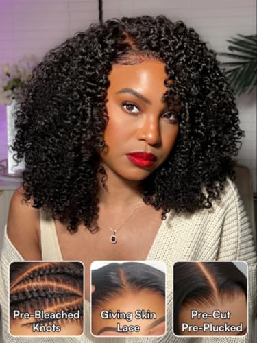 Image of KLAIYI Bye Bye Slip Afro Kinky Curly Precut 7x5Lace Front Wigs Human Hair Glueless Pre Plucked Bleached Knots Drawstring Bouncy Curls Ready to Wear and Go Wig with Finger Coil Ends 180%Density 16Inch
