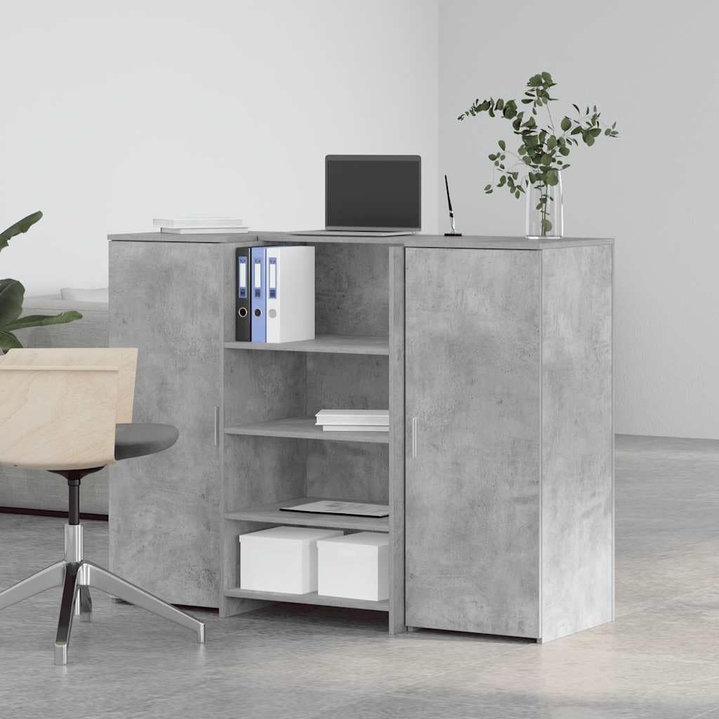 Mesita de recepción gris hormigón 135 x 50 x 103,5 cm de material de madera con mostrador integrado y espacio de almacenamiento, con armario para oficina, oficina en casa y recepción