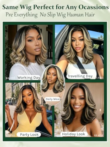 Image of KLAIYI Bye Bye Slip Ombre Ash Blonde Highlight Bob Body Wave Glueless Precut 7X5Lace Front Wigs Human Hair Layer Blowout Drawstring Ready to Wear Go Wig Face Framing Pre Plucked Bleached Knots 12Inch