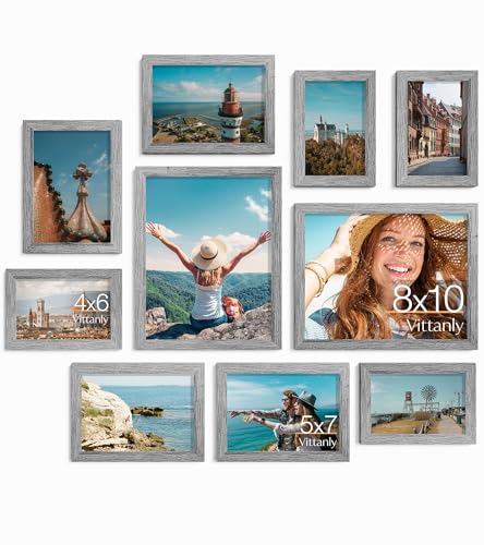 Image of Vittanly 10 Pack Picture Frames Collage Wall Decor, Gallery Wall Frame Set for Wall or Tabletop Display, Engineered Wood and Shatter-resistant Plexiglass, Multi Sizes with 8x10, 5x7, 4x6 Frames, Grey