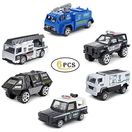 Joy-Fun Boys Toys Age 3-6 Police Car Toy Vehicles Mini Toy Cars Trucks Kids Gifts for Boys Toddlers 6 Packs Christmas Birthday Gifts JF-JY-JC