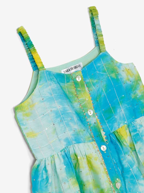 Image of Saka Designs Tie & Dye Blue and Sea Green Jhabla and Dhoti