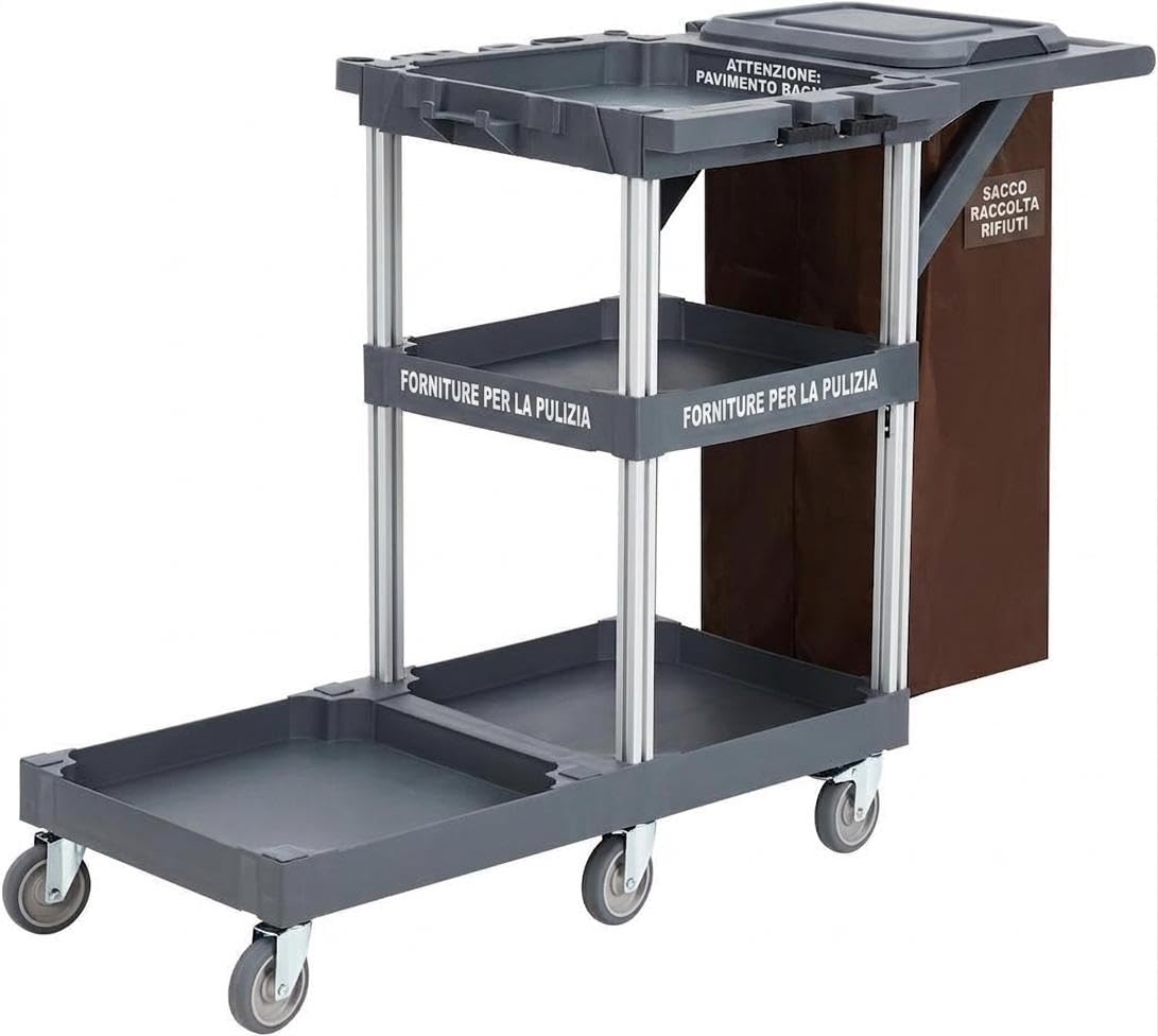 con Carrello pulizie professionale commerciale ruote robuste, sacco in vinile capiente, armadietti integrati, portata fino a 136 kg, ideal para hotel, oficinas y ambientes públicos