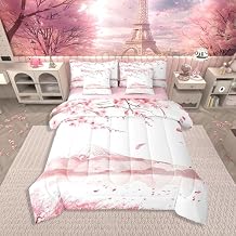 Erosebridal 7 Pcs Cherry Blossoms Bedding Set Queen,Pink Mount Fuji Comforter Set for Girls,Sakura Floral Bed in a Bag,Japanese StyleComforter+Fitted+Flat Sheet+2 Pillowcases+2 Throw Pillow Covers
