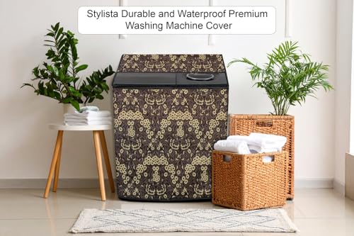 Image of Stylista Waterproof and Dustproof PVC Washing Machine Cover Compatible for Godrej 10 Kg Semi-Automatic Top Loading WSEDGE NEO 100 5.0 PB3 SLGR, Floral Pattern Brown Mustard