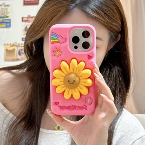 Image of COVERLY for iPhone 14 Plus 3D Cartoon Sunflower Floral Case,Full Protective Happy Smiley Face Rainbow Pop Back Case with Holder Cute Soft Silicone Fashion Aesthetic Cover for Apple iPhone 14 Plus