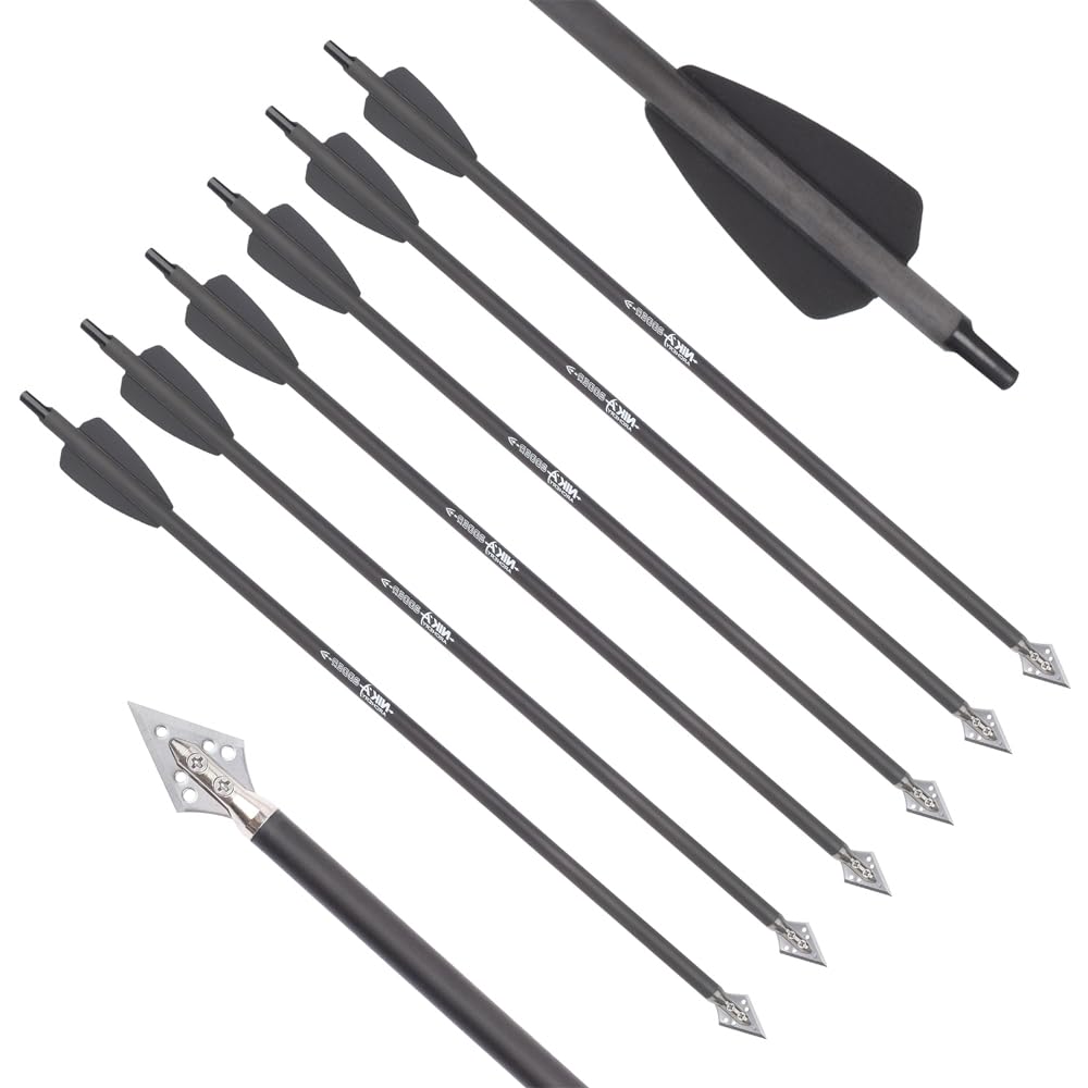 NIKA ARCHERY 15 Inch Crossbow Bolts Carbon Arrows with Broadheads Suitable for EK Cobra System RX Bow Hunting Outdoor Shooting 6 Pieces Black