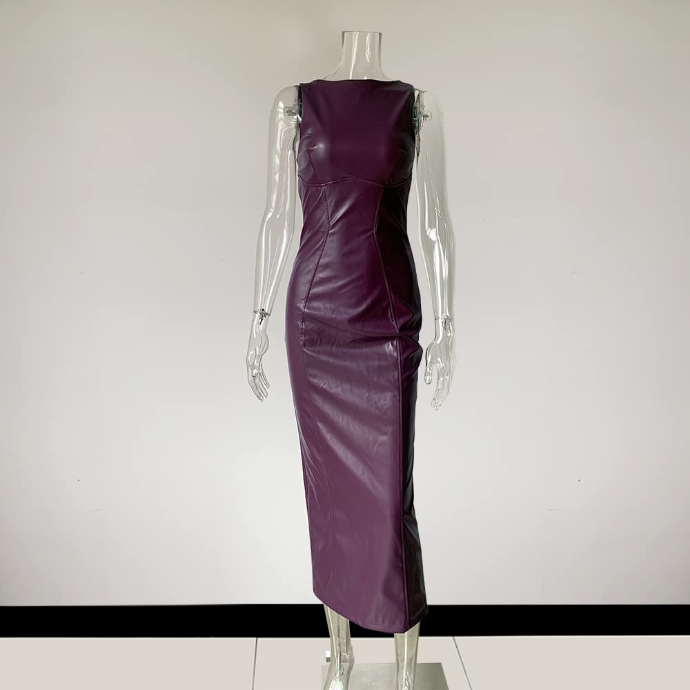 XLLAIS Women's Faux PU Leather Bodycon Maxi Dress Sexy Sleeveless Long Dresses Grape X-Large