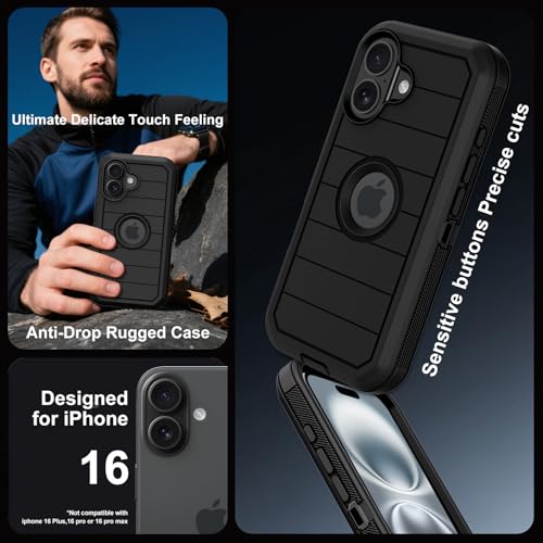 Annymall for iPhone 16 Case with Screen Protector,Heavy Duty 3-Layer Military Grade Drop Protection Cases,Full Body Shock-Absorbing Dust Proof Rugged Bumper Phone Cover for Apple 16 6.1" (Black) by Annymall - Used condition - US$10.74