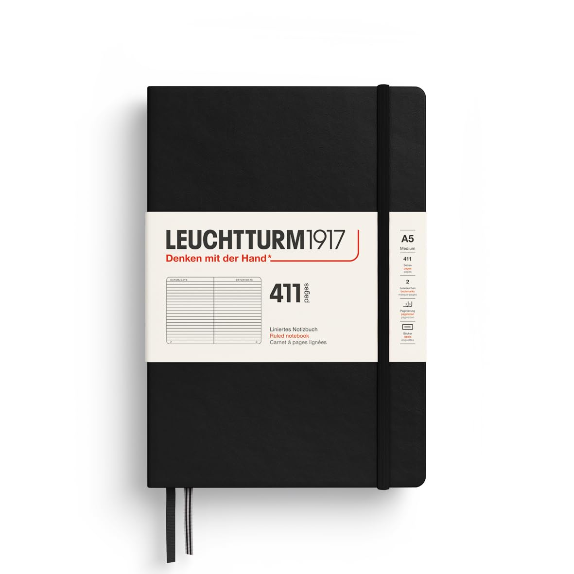 372932 Notebook 411 Medium (A5), Hardcover, 411 Numbered Pages, Black, Lined, More Thoughts, More Ideas, More Memories, More Pages