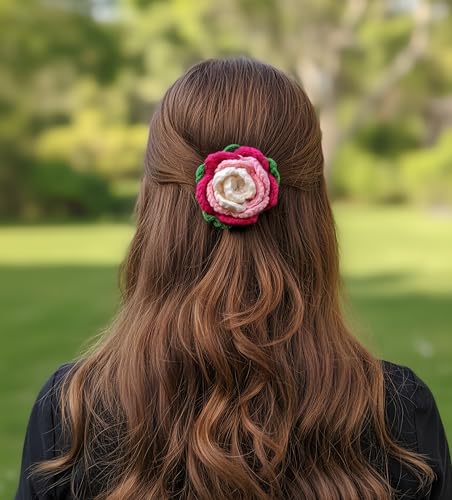 Image of Handmade Crochet Rose Hair Clip, Multicolor Floral Design with Pink and white Yarn Material, Stylish hair accessories