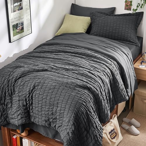 HYMOKEGE Twin XL Comforter Set Seersucker 5 Pieces All Season Luxury Bed in a Bag for Bedroom Bedding Set with Comforter Sheet Pillowcase & Sham Dark Grey
