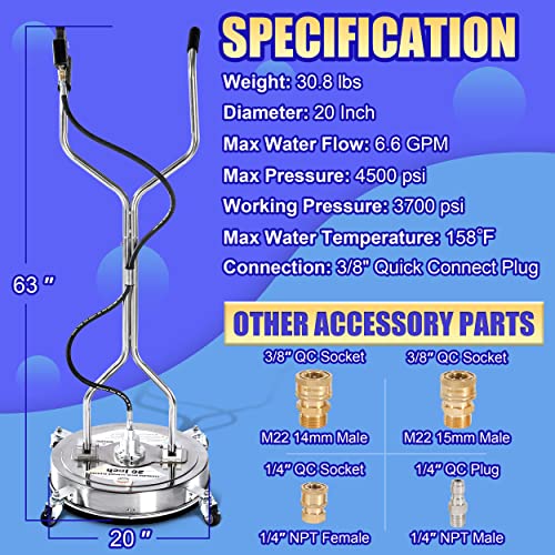 PWACCS 20" Pressure Washer Surface Cleaner, Stainless Steel Power Wash Surface Washer with Dual Handle & 4 Wheels, 4500 PSI Pressure Washer Scrubber for Cleaning Concrete, Cement, Patios and Driveways by PWACCS - Image 6