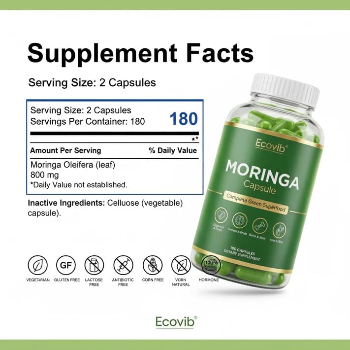 Moringa Capsules – 180 Vegan Capsules | Organic Superfood for Energy, Immunity & Detox