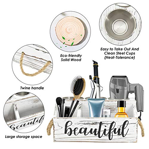Rustic Wood Hair Dryer Holder, Hair Styling Product Care Tool Organizer, Bathroom Countertop & Vanity Caddy Storage Stand for Blow Dryer Straightener Curling Iron with 3 Stainless Steel Buckets White - Thumbnail 4