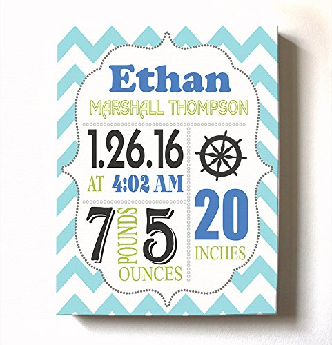 Personalized Stretched Canvas Birth Announcement Gift, Custom Baby Name, Date, Weight Stats, Newborn Nautical Nursery Wall Art Decor