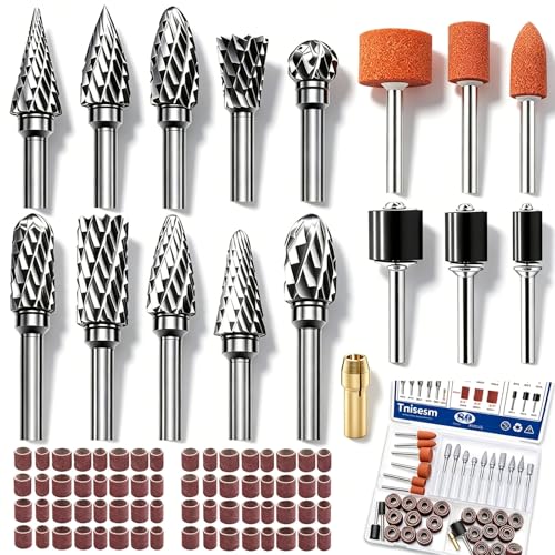 Image of Tnisesm 80Pcs Carbide Rotary Burr Set for Dremel, Includes 10 Carbide Double Cut Carving Burr Bits 60 Aluminum Oxide Drum Sander Sanding Sleeves,6 Sanding Bits,Sanding Bits Tool Accessories