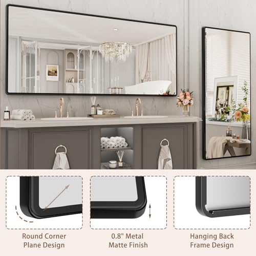 New Upgrade Bathroom Mirror, 72X36 Inch Black Metal Frame Wall Mounted Rounded Rectangle Bathroom Vanity Mirror with Tempered Glass for Washroom Bedroom Living Room