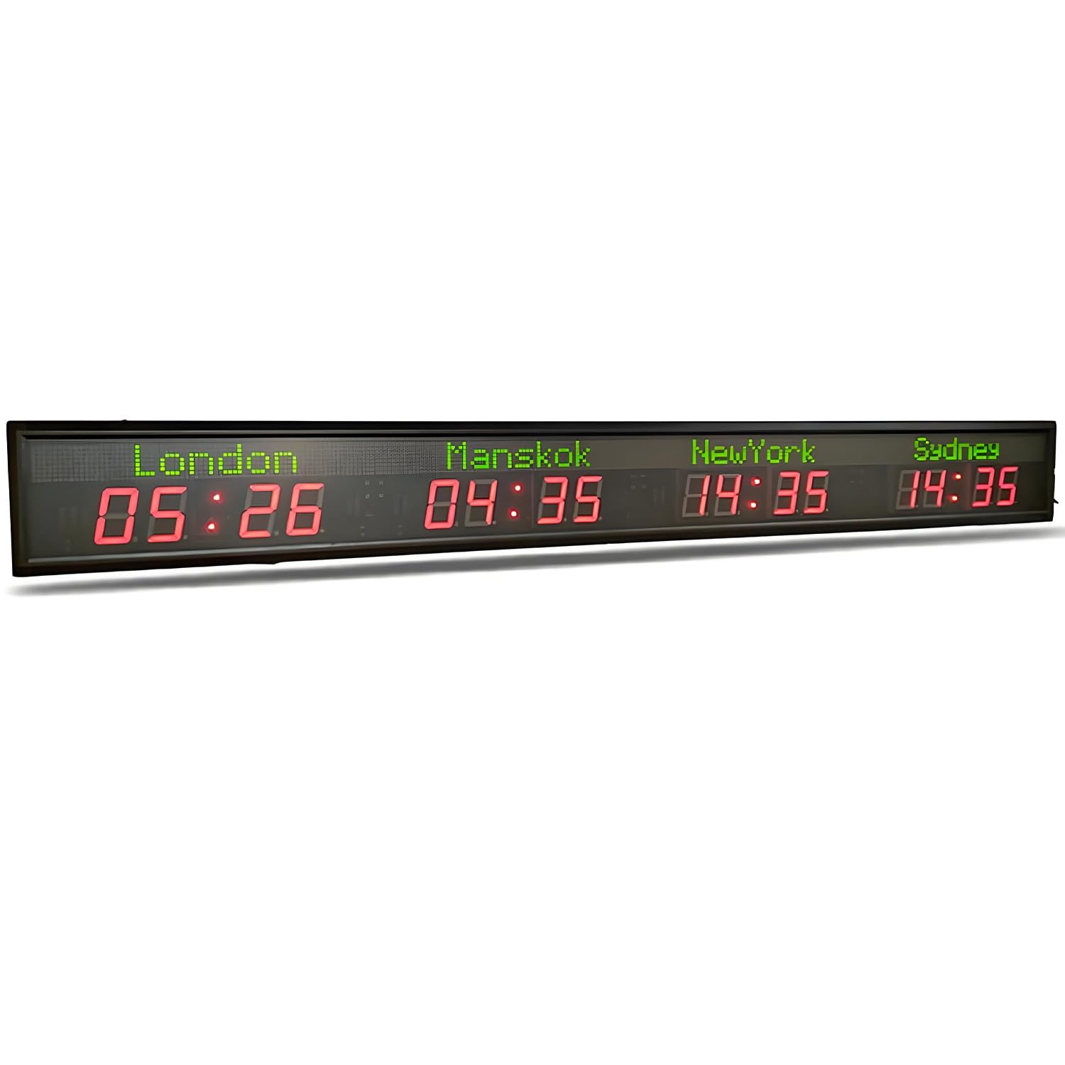 Orologio mondiale con fusi orari, 3/4/5/6 città, display digitale a LED, 5 livelli di luminosità regolabile, cassa in lega di alluminio, ideale per aziende multinazionali, hotel e uffici. 4time