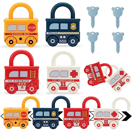 Yeefunjoy 4 pcs Cerradura y Llave de Juguete para Niños, Montessori Coche Juguete, Juguete Educativo Preescolar de para Niños, Juguetes de Motricidad Fina de para Niños, Regalo para Niño Niña 1+ Años